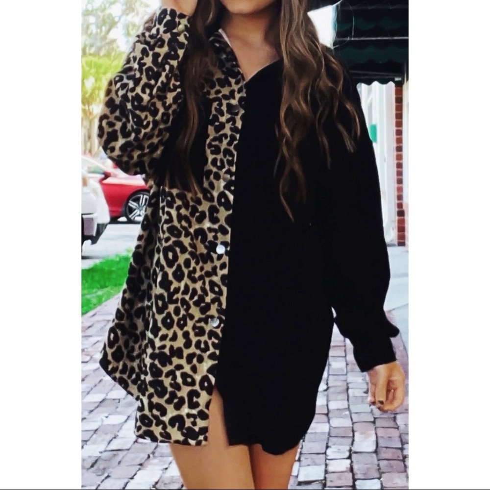 Half black / Half animal print long button down NEW